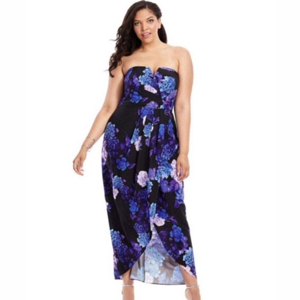Strapless Faux Wrap Hydrangea Print Maxi Dress